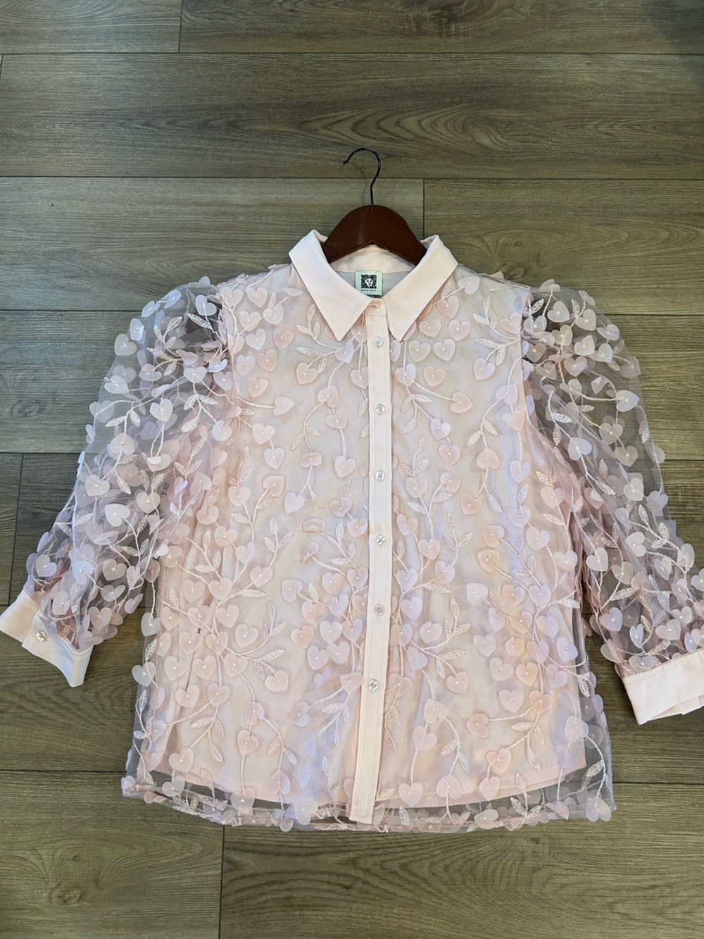 Anne Klein 3D Heart Sheer Blouse M Romantic Y2K